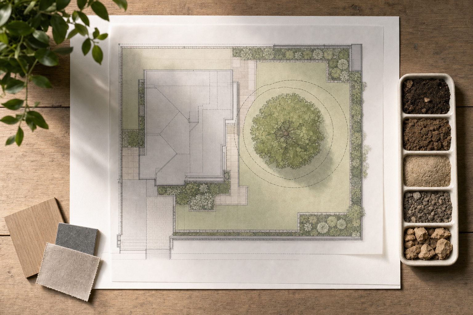 An architectural landscape plan on a wooden table, surrounded by plant samples and swatches.
