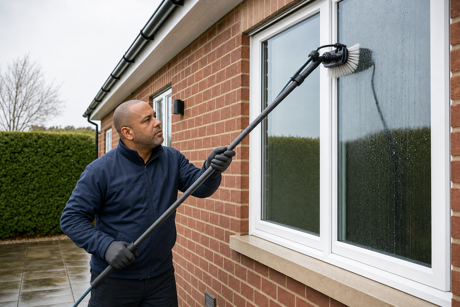 Man cleaning a window on a brick house using a long-handled brush outdoors.