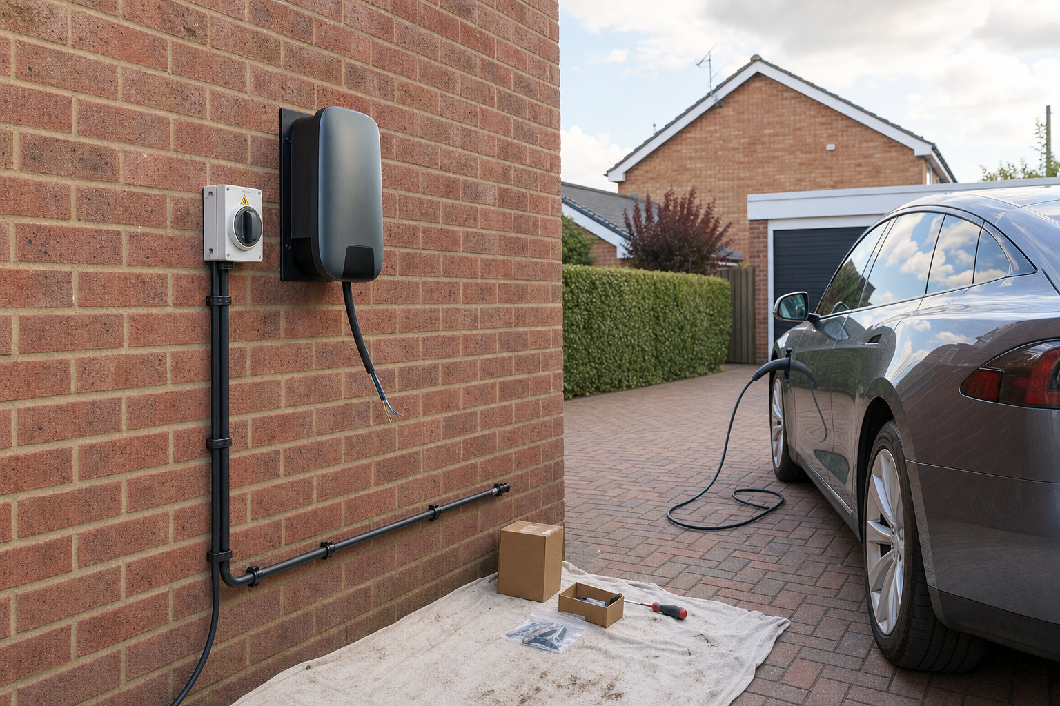 Electric car charging on a driveway next to a brick wall with an installed charger and scattered installation tools.