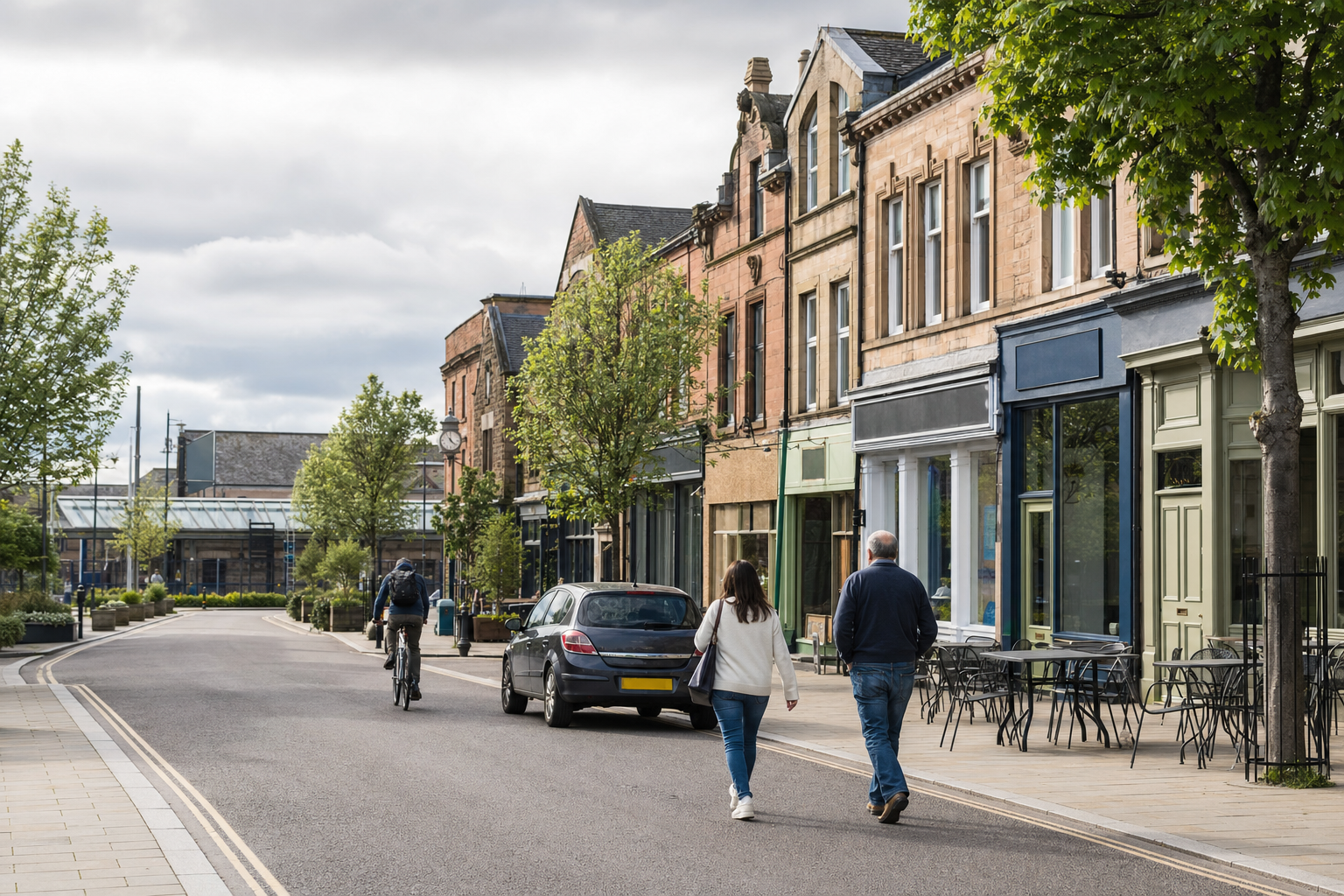 A cyclist rides and two people walk along a charming, tree-lined street with traditional buildings on a cloudy day.