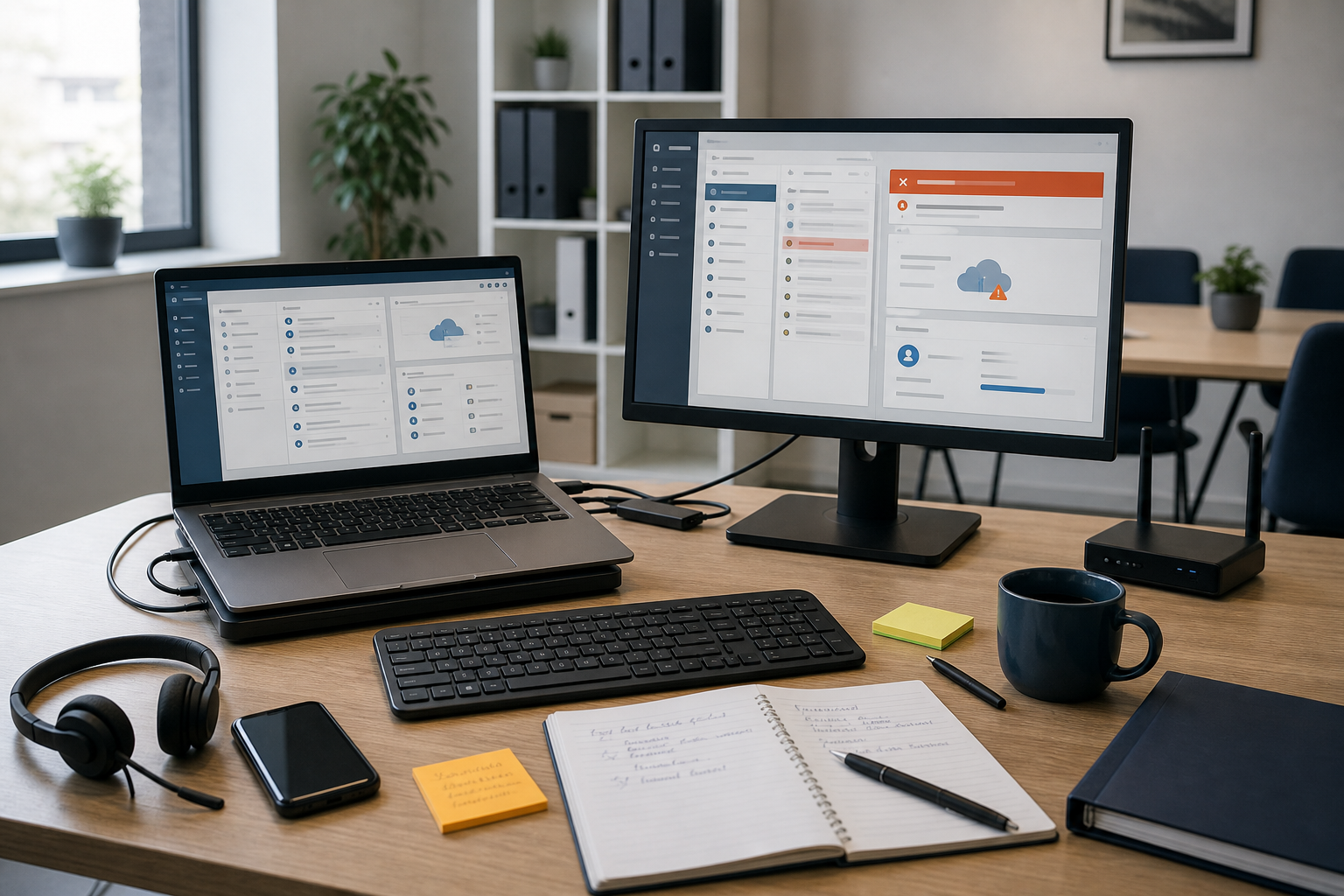 Office workspace with a laptop, monitor, keyboard, and stationery on a desk.