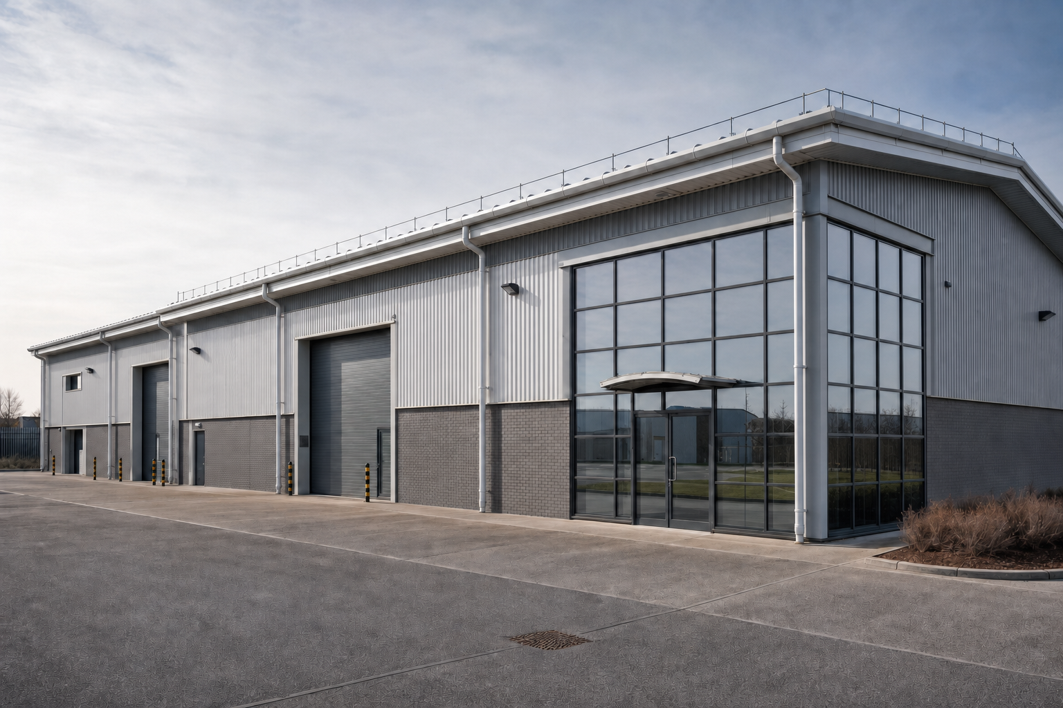 Modern industrial warehouse with large windows and multiple loading bays on a clear day.