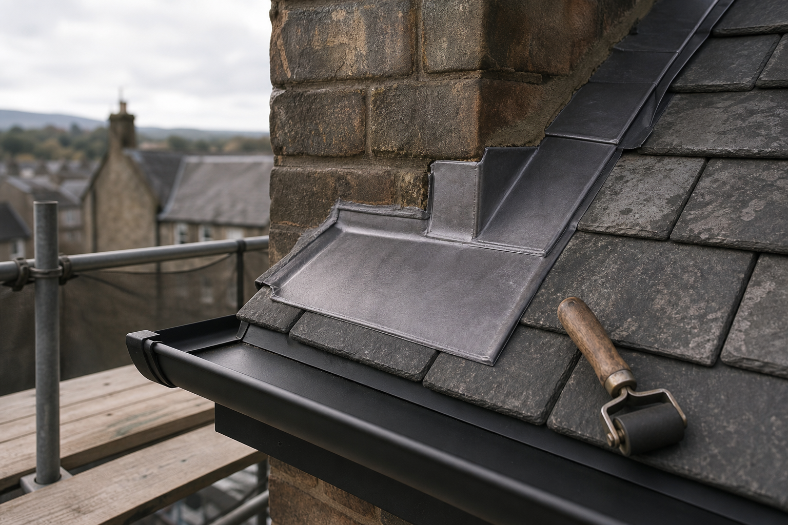 Slate roof with fresh lead flashing around a chimney, scaffolding in the background, and a roller tool resting on the tiles.