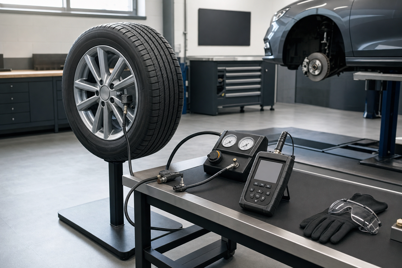 A car tyre is mounted next to diagnostic equipment and safety gear in a modern automotive workshop.
