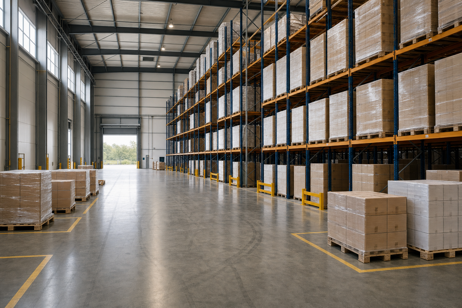 Warehouse interior with tall shelves stacked with pallets and boxes, and open space for movement, under bright lighting.