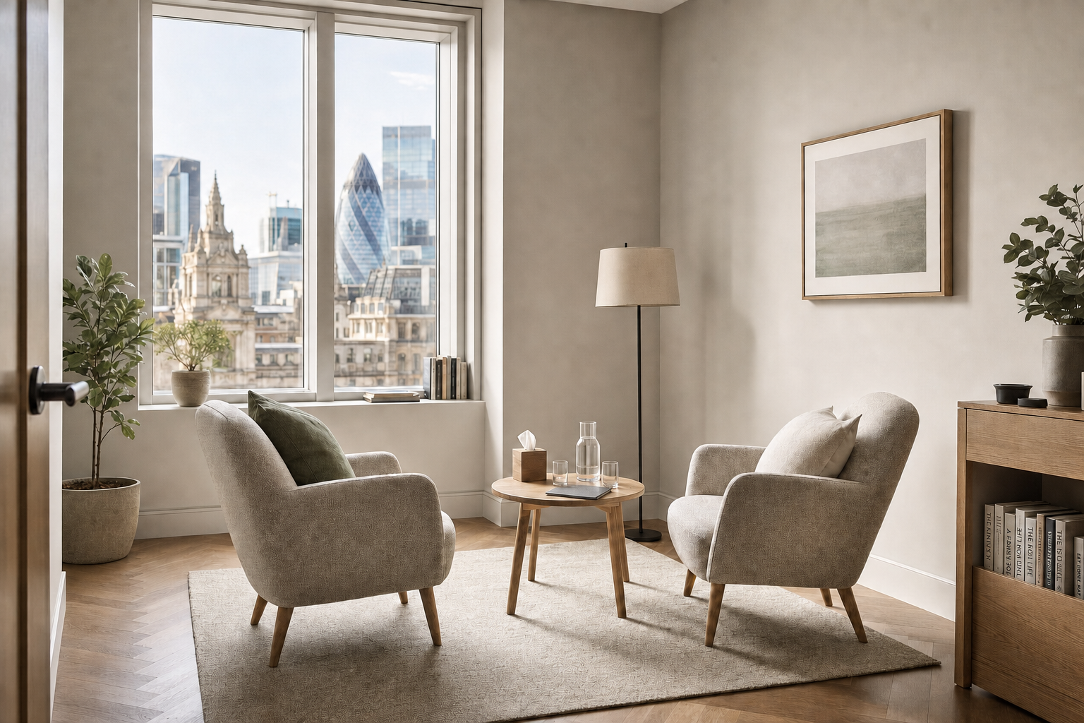Modern sitting room with two armchairs and a view of London's skyline through a large window.