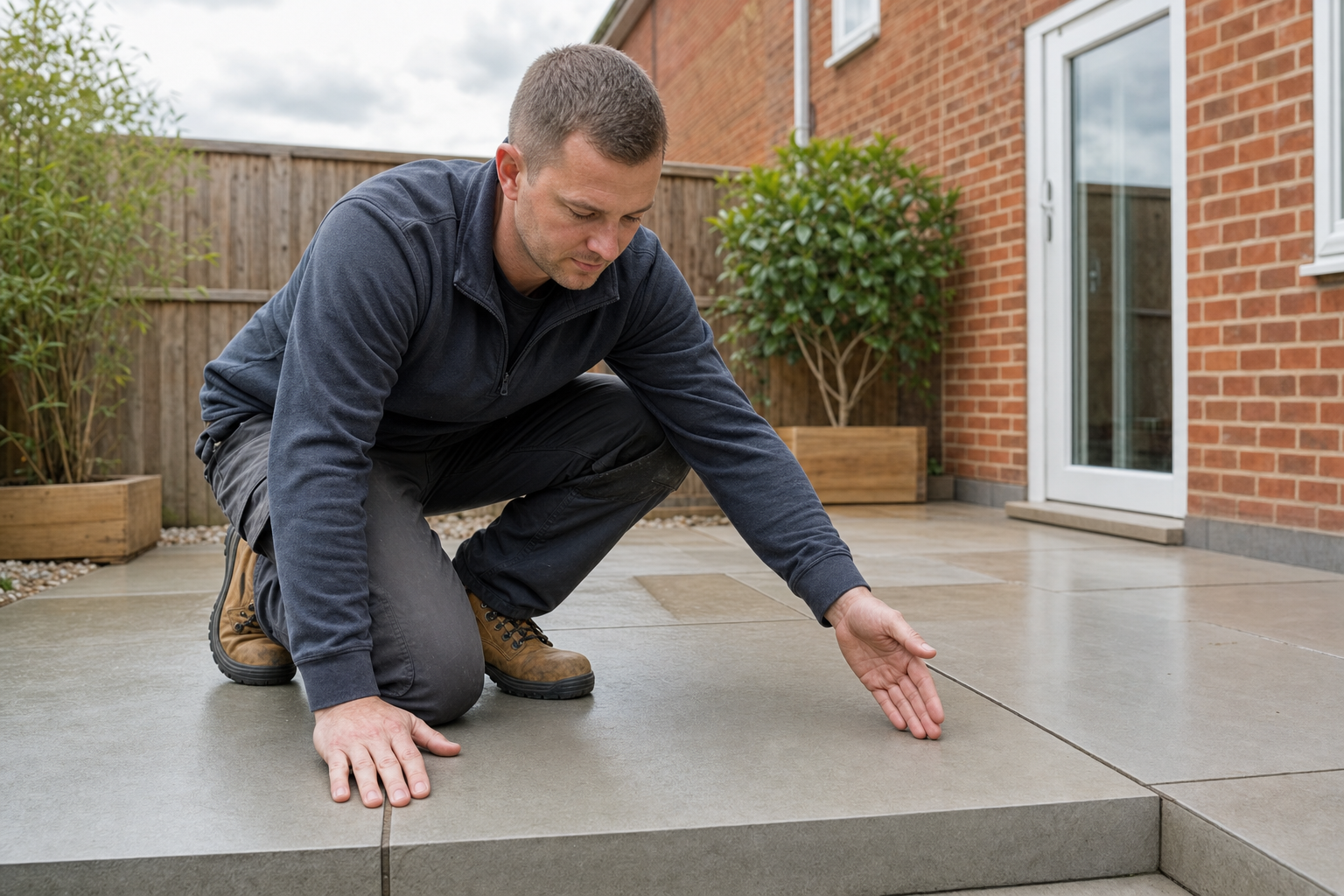 Man assessing the alignment of outdoor patio tiles in a garden.