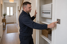A man in a navy jumper switches on a light while standing near an electrical fuse box in a hallway.