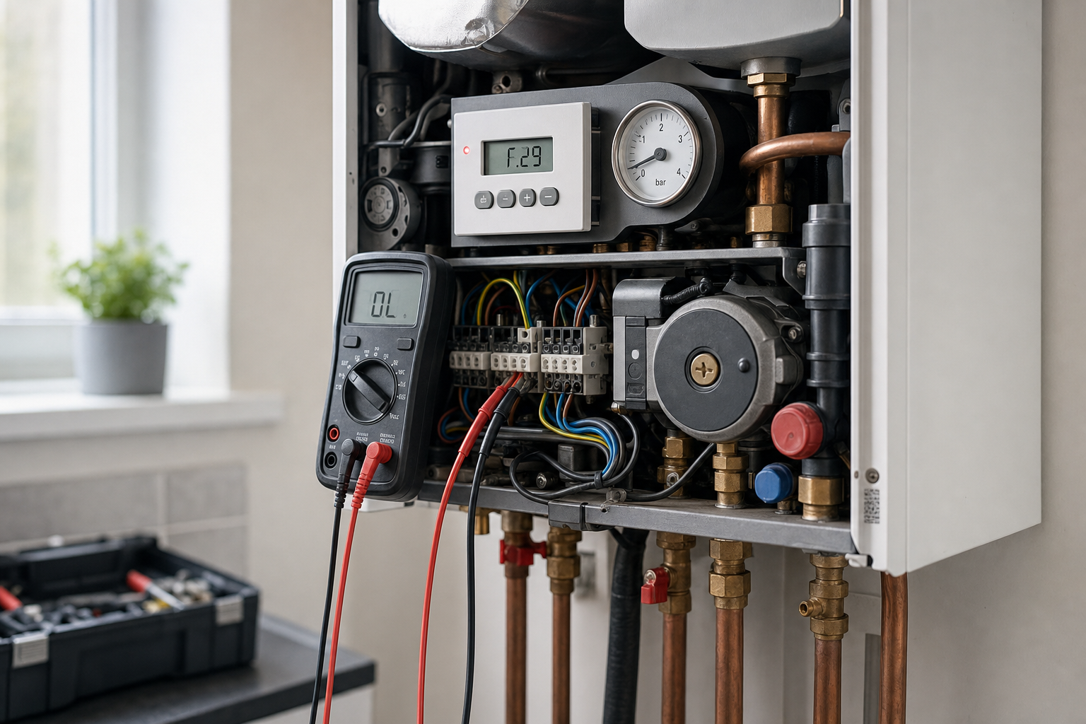 Open boiler panel with a multimeter attached, showing internal components and wiring for maintenance checks.