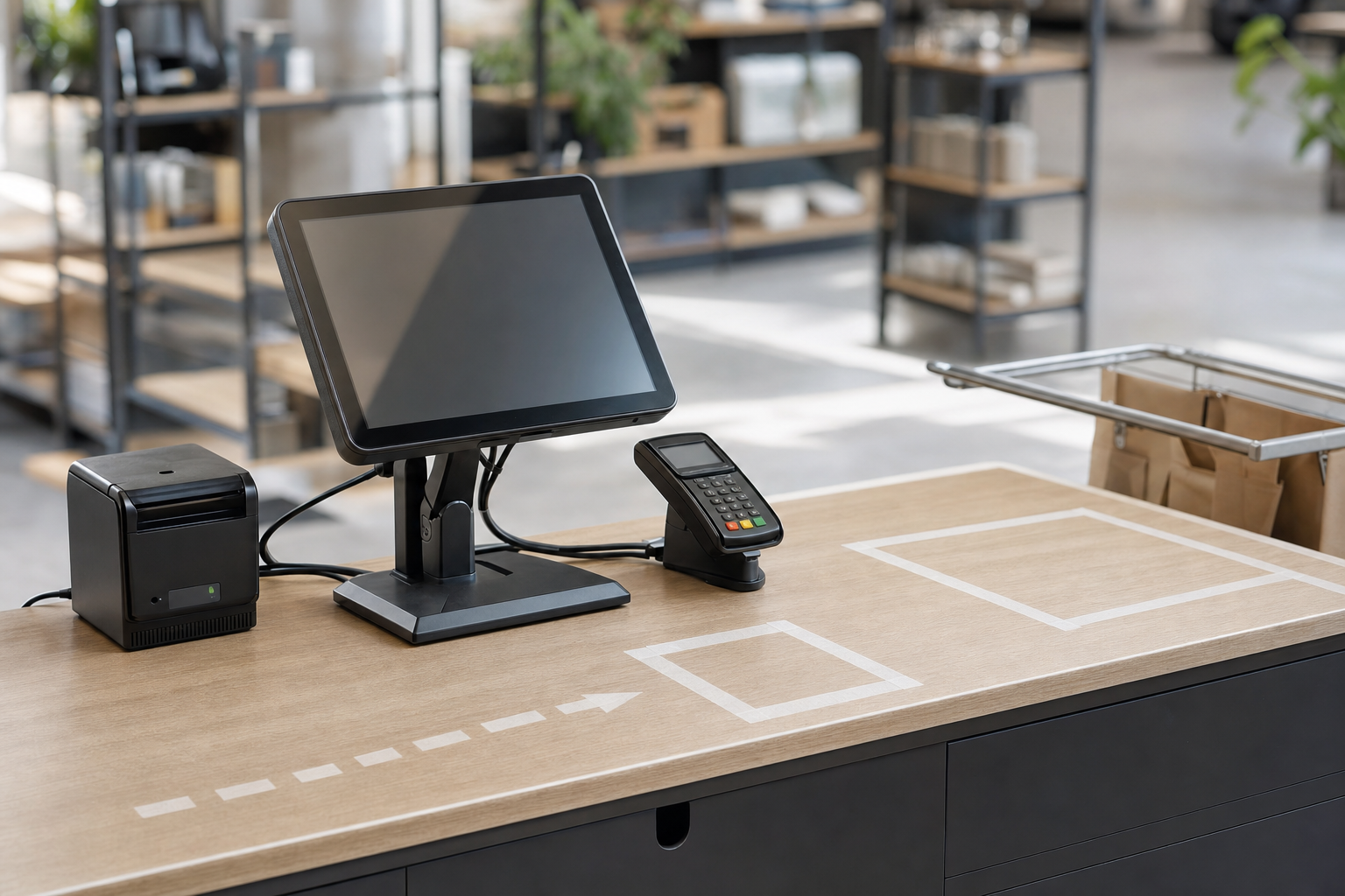 Modern shop checkout counter with a digital screen, card reader, and printer in a bright retail environment.