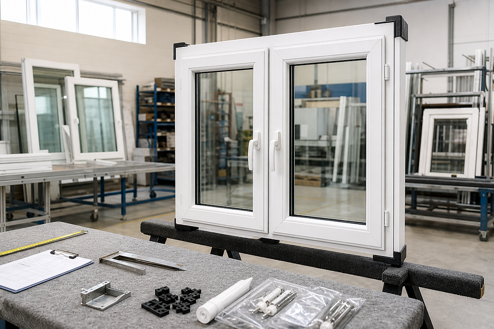 White PVC double casement window displayed in a manufacturing facility