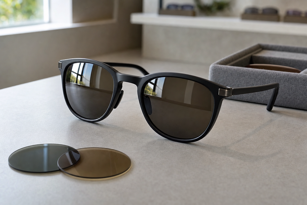 Black sunglasses with interchangeable lenses on a grey tabletop near a window.