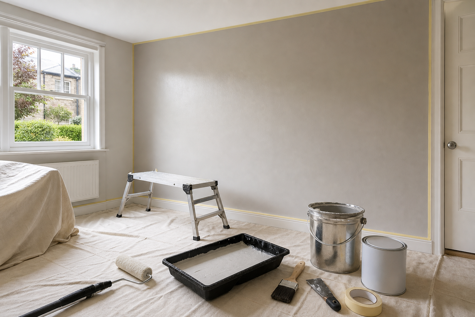 Room prepared for painting with drop cloth, ladder, and painting supplies.