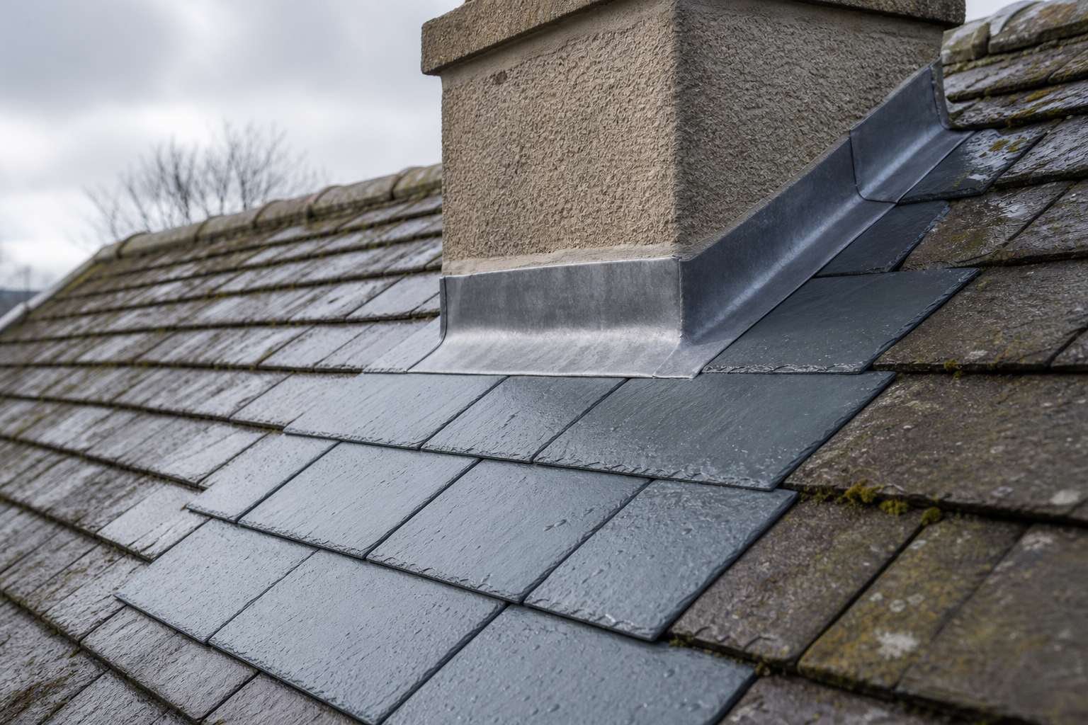 Slate tiled roof with a brick chimney and metal flashing under a cloudy sky.