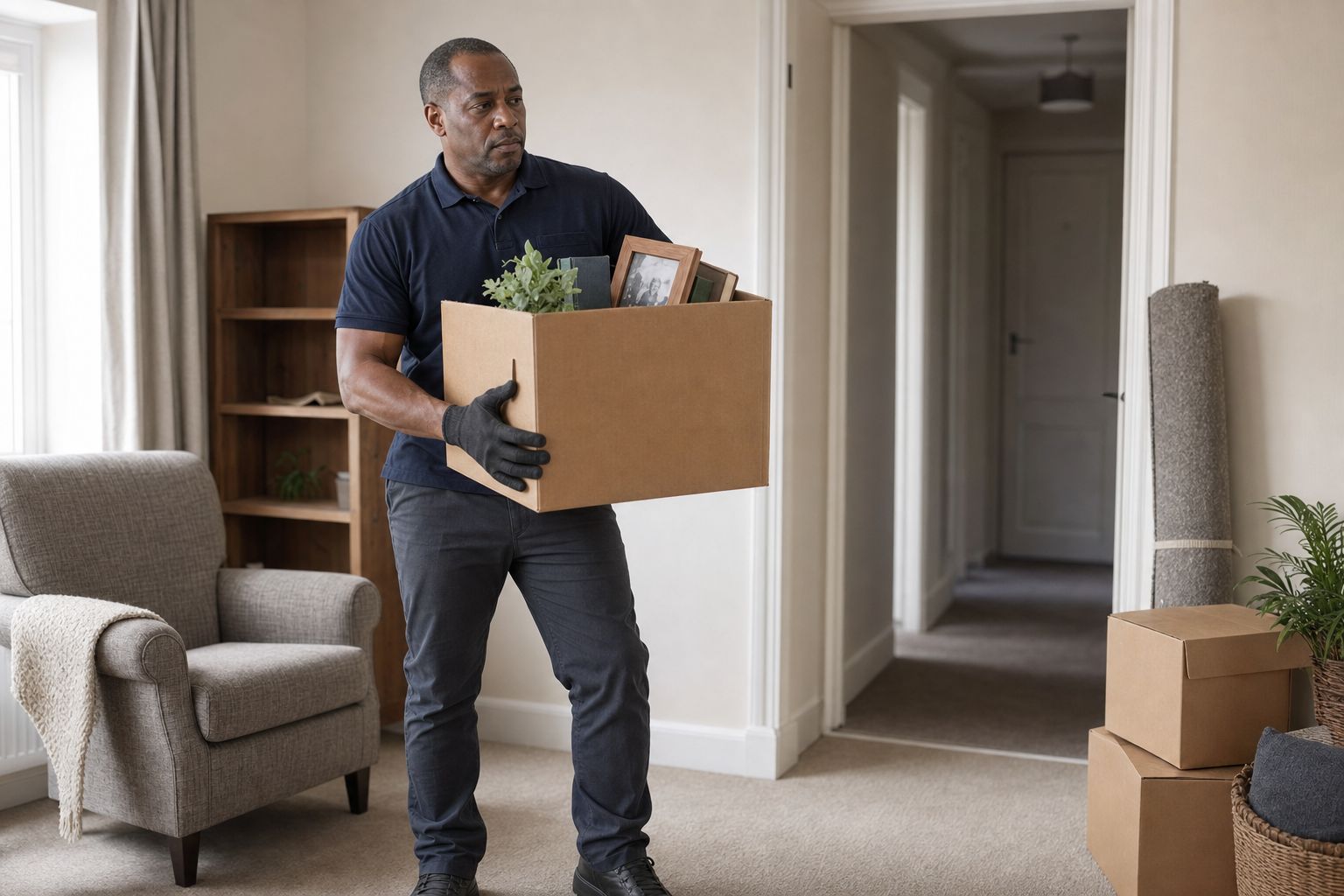 A man wearing gloves carries a cardboard box in a living room during a move.