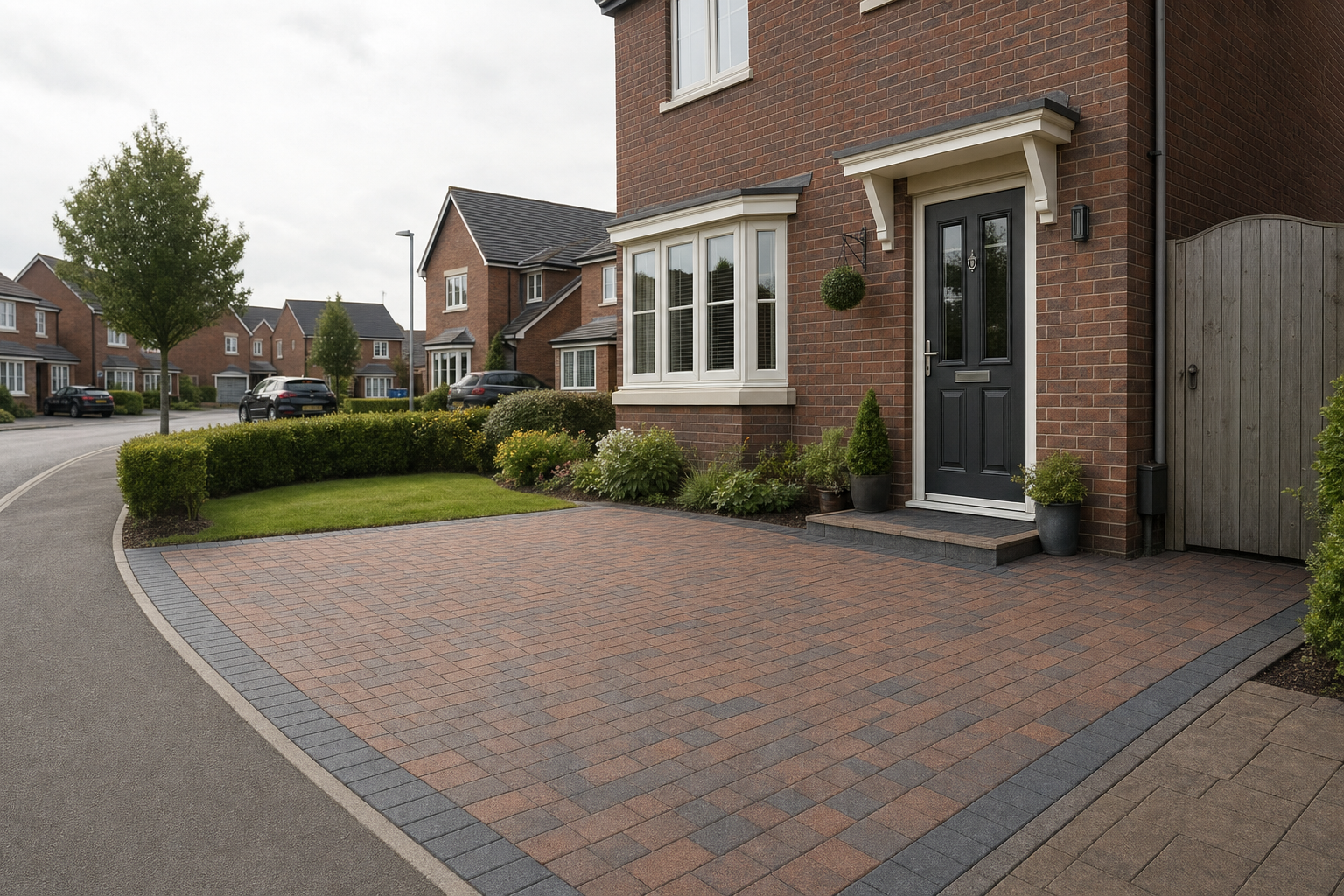 Modern brick house with a neatly paved driveway, surrounded by a tidy lawn and landscaping on a residential street.