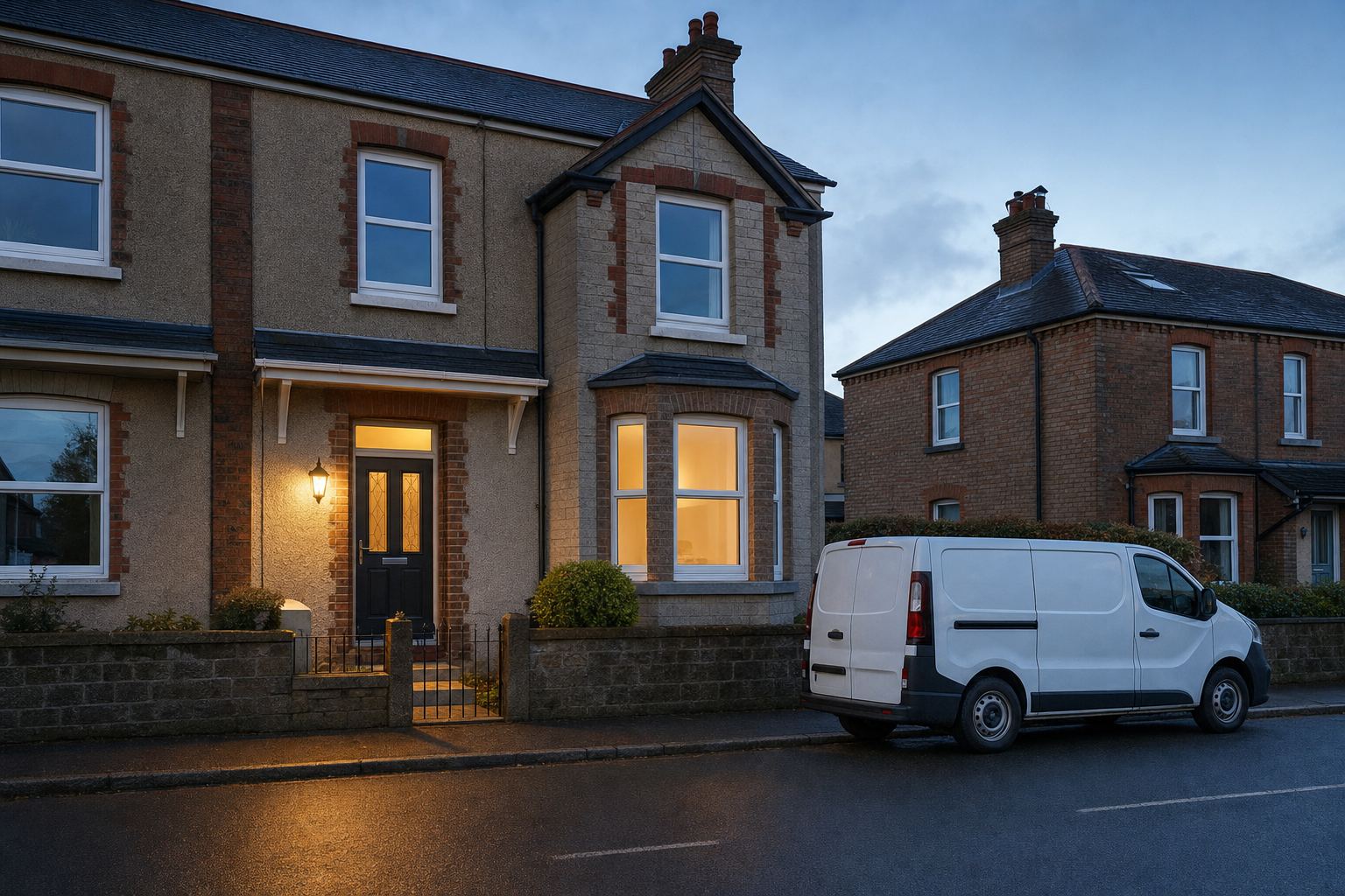 Terraced house with illuminated windows and a parked white van during early evening.