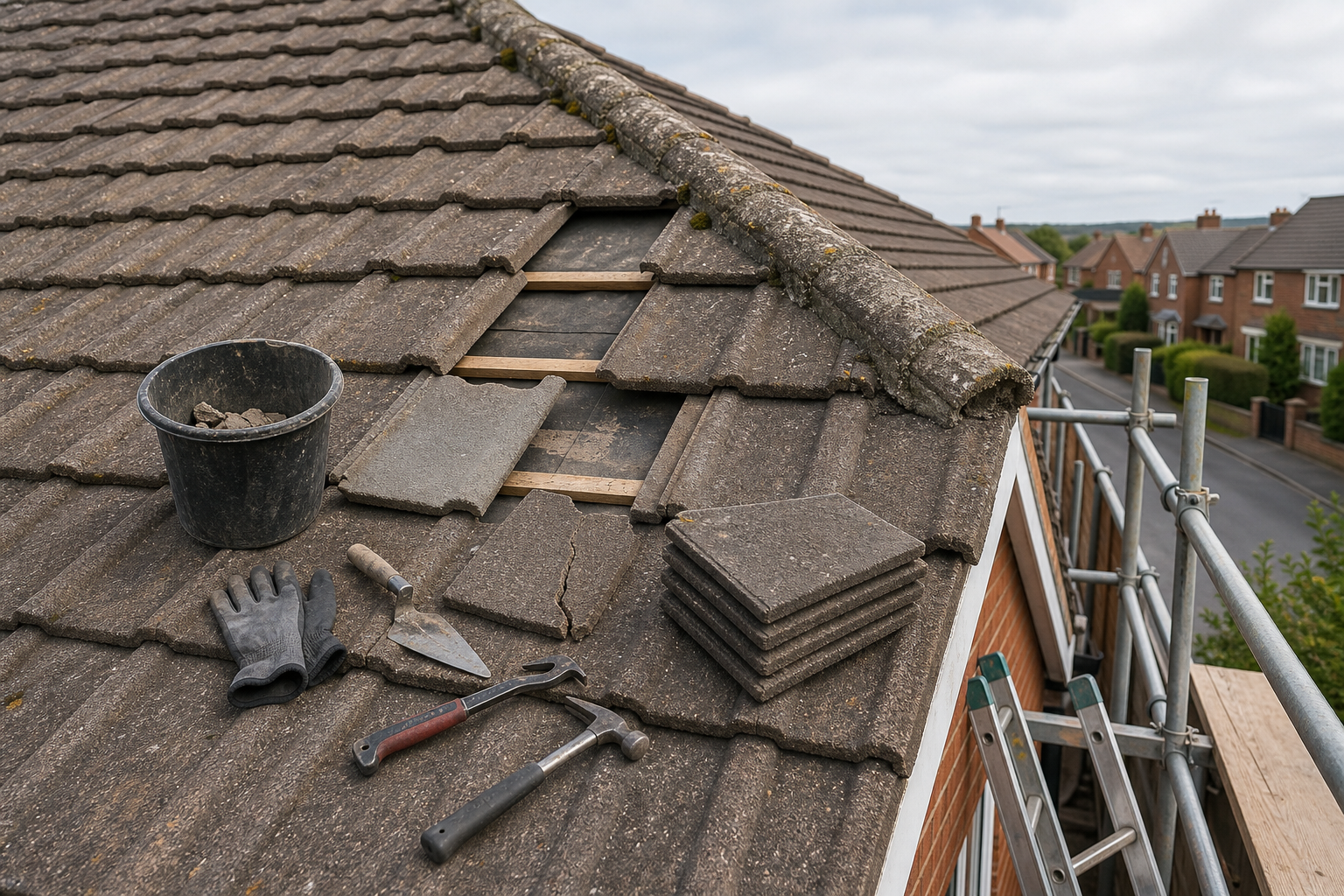 Roof repair in progress with tools, tiles, and scaffolding visible.