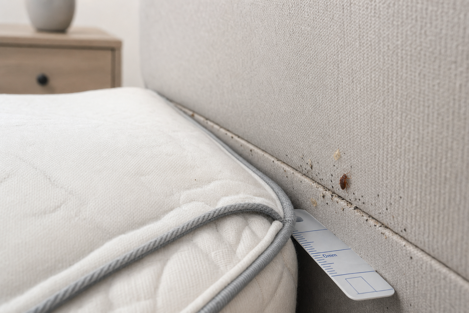 A mattress and headboard with visible bedbugs next to a measurement card in a bedroom setting.