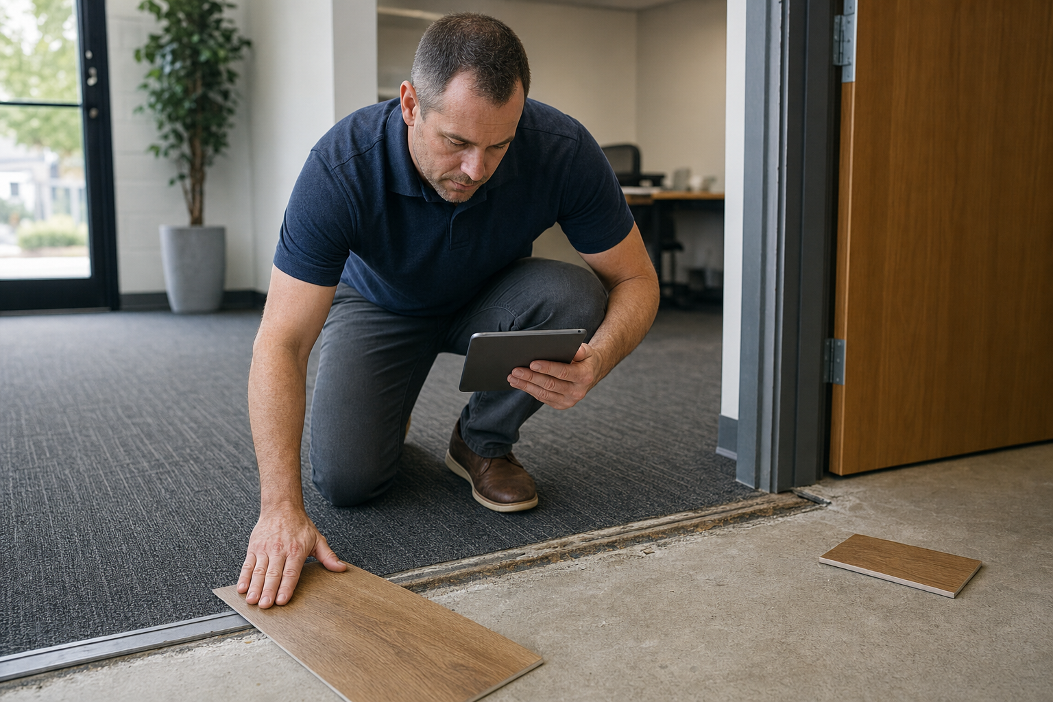 A man kneels on a carpeted floor with a tablet, preparing to install wood laminate flooring.
