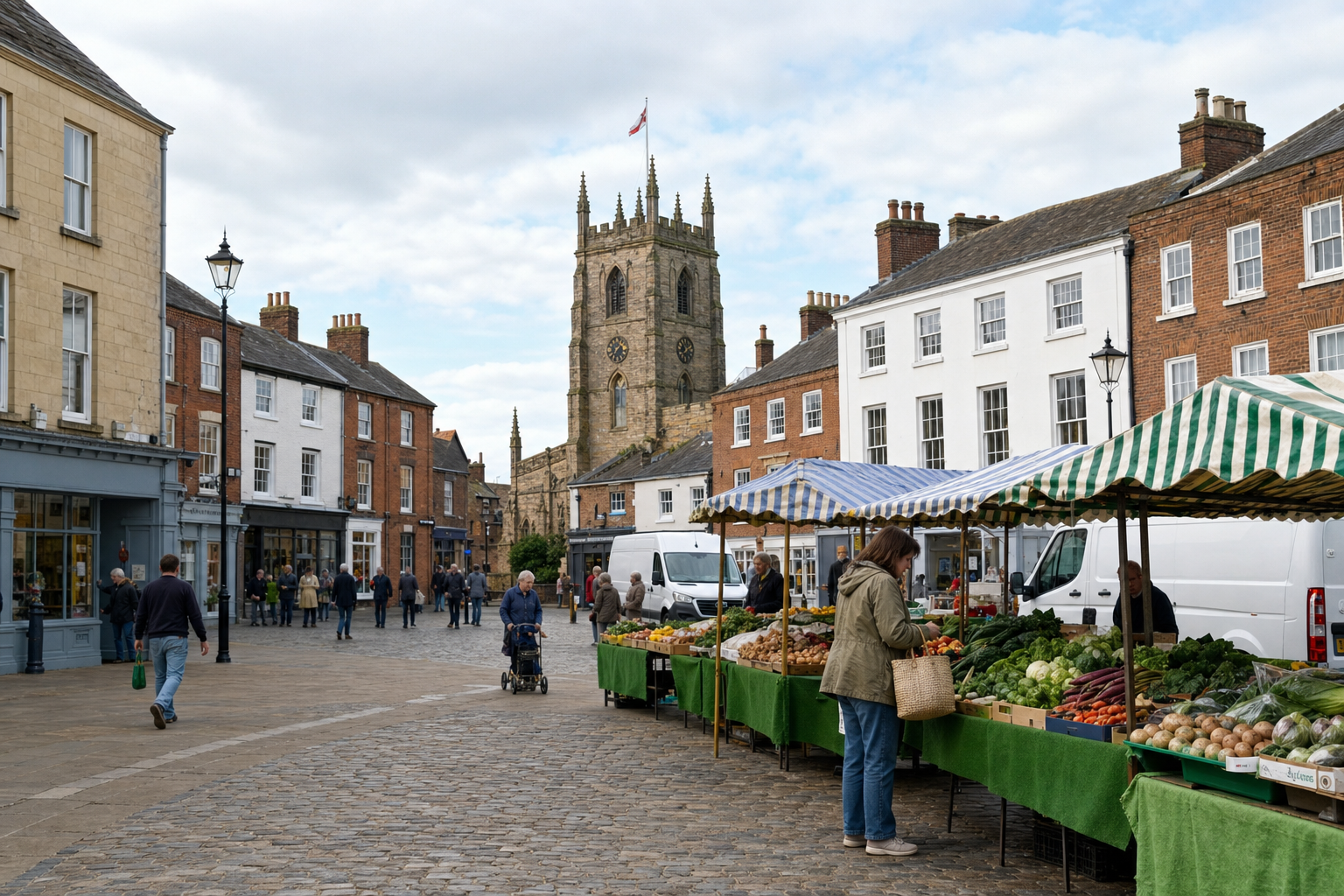 Street market with fruit and vegetable stalls under striped canopies, surrounded by historic buildings and a church tower.