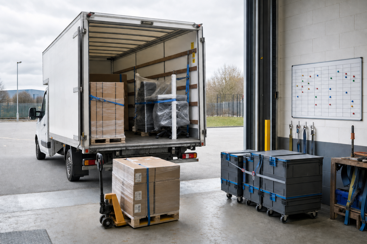 A lorry being loaded at a warehouse with pallets and wrapped furniture on a sunny day.