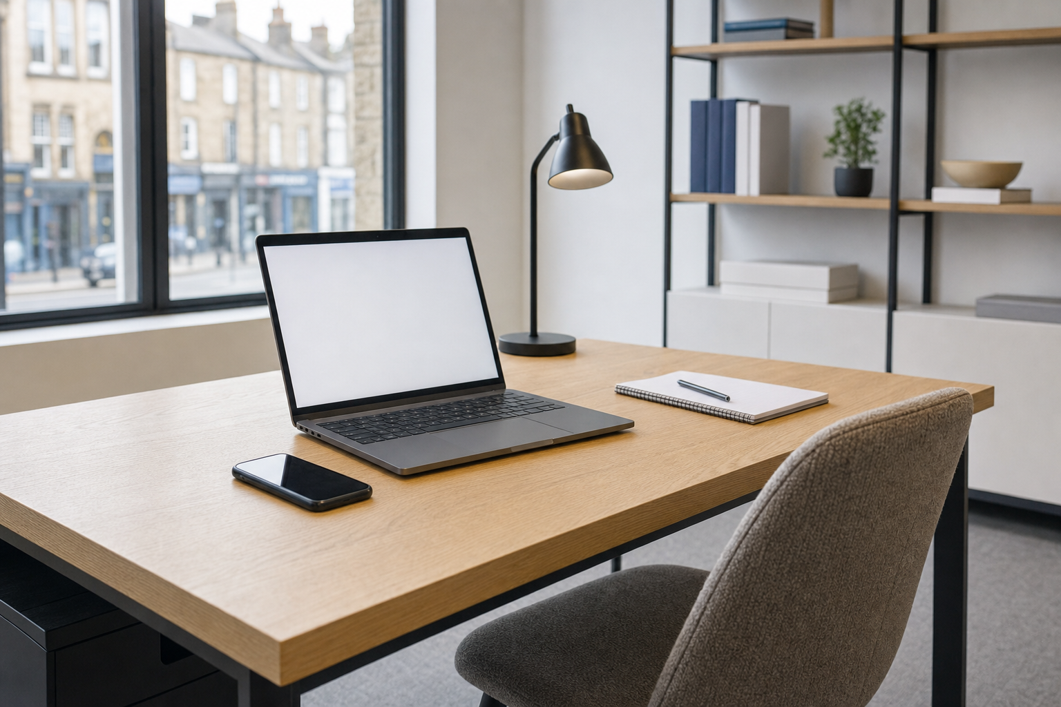Modern office desk setup with a laptop, smartphone, notebook, and lamp by a large window.