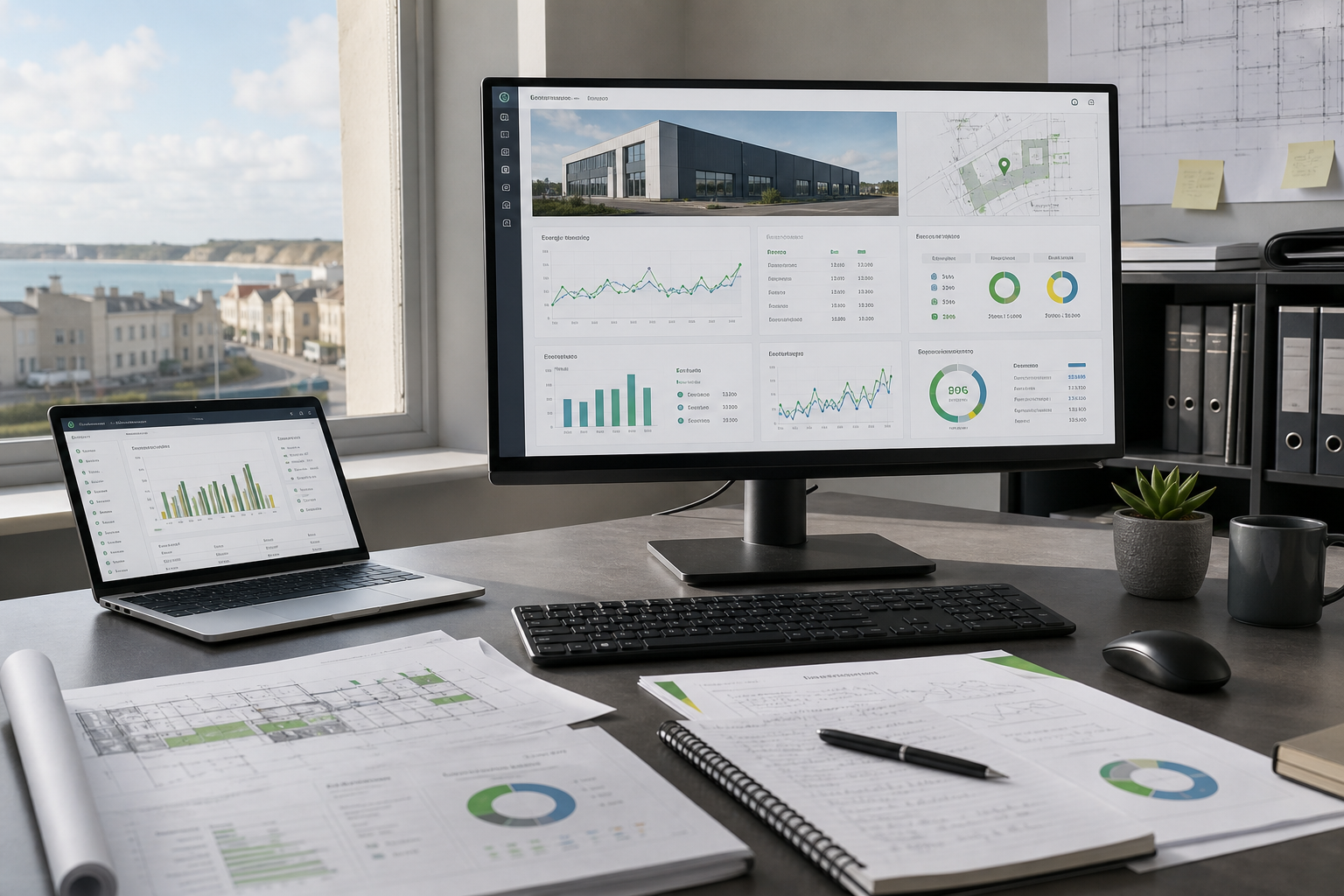 Office desk setup with computer displays showing charts and graphs beside architectural plans.