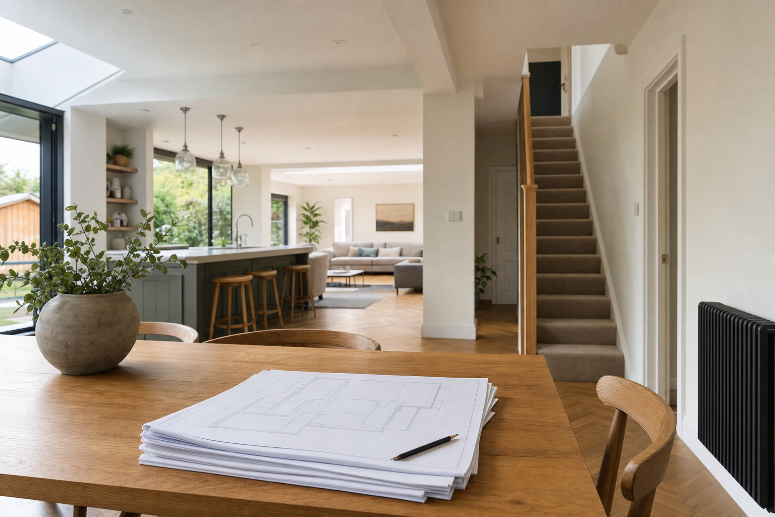 Open-plan kitchen and living area with architectural plans on the table, featuring a staircase and large windows.