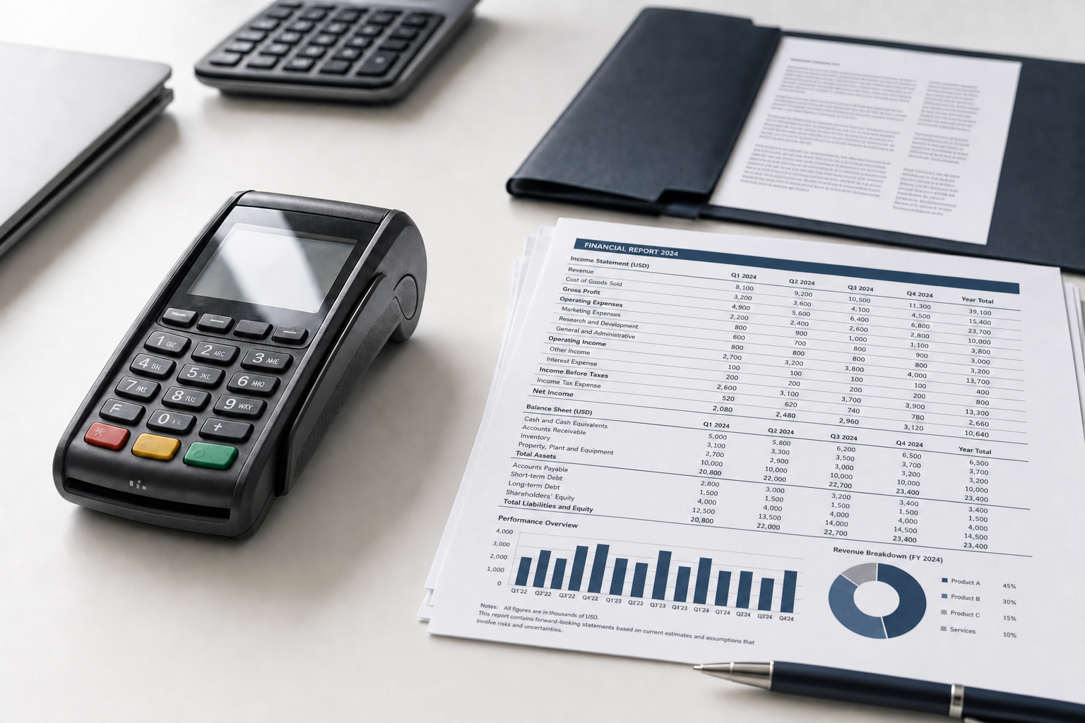 Contactless payment terminal on a desk with financial reports, a calculator, and a pen.