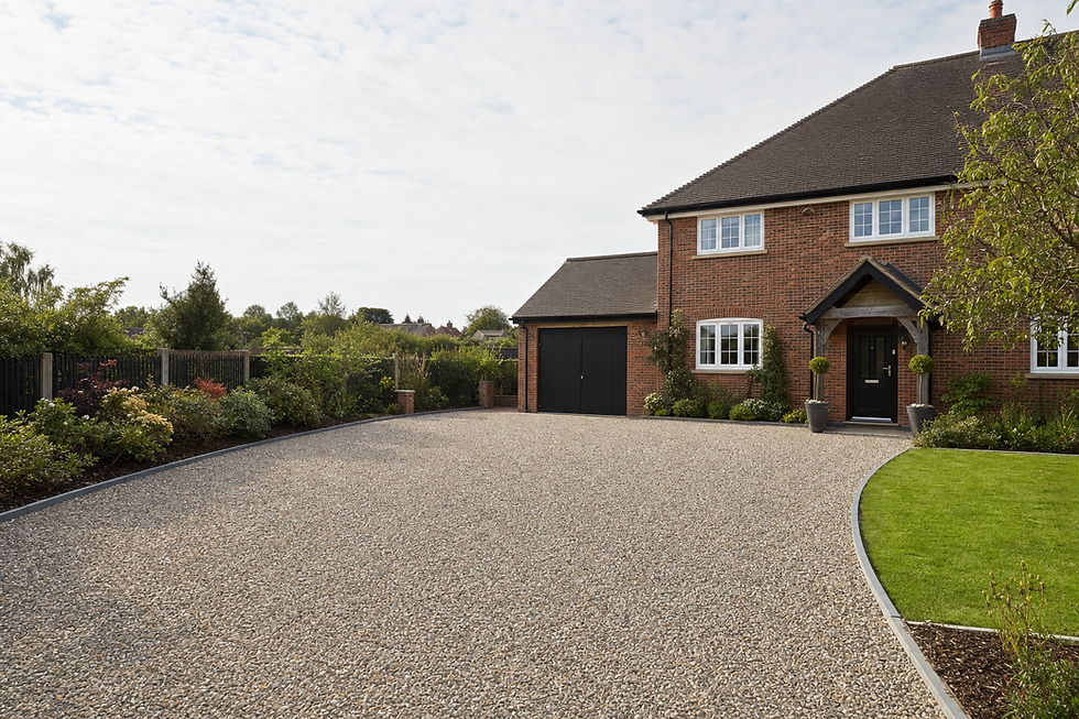 A brick house with a large gravel driveway and a neatly manicured garden on a cloudy day.