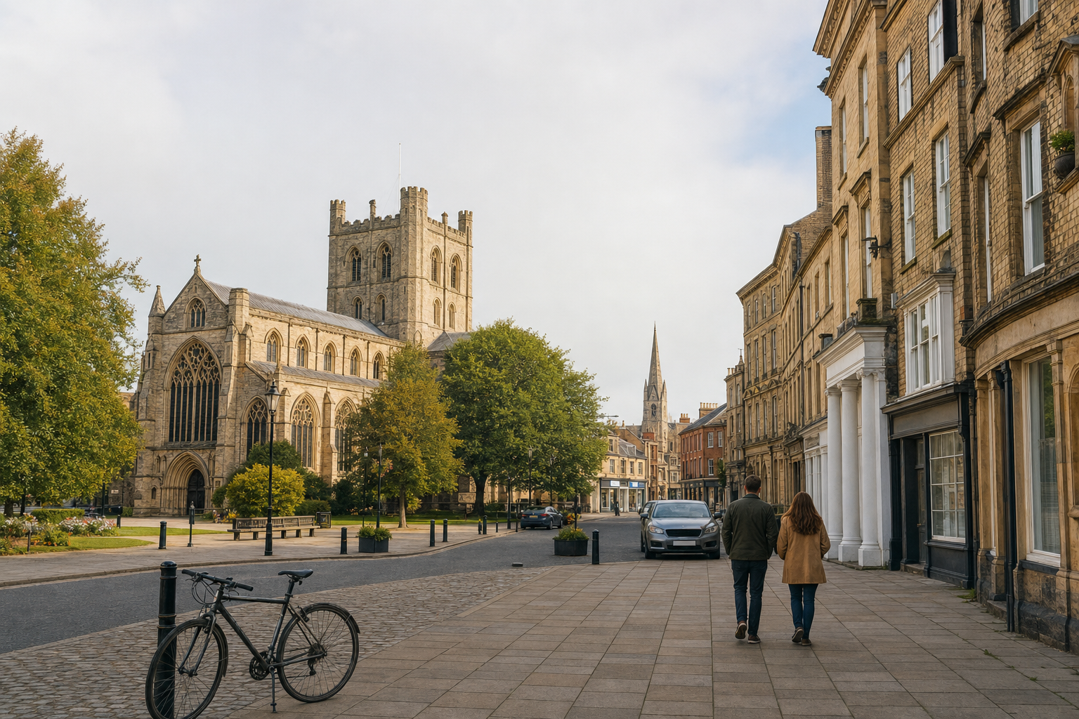 A historic church with a towering spire sits next to a street lined with classic architecture, as a couple walks hand in hand.