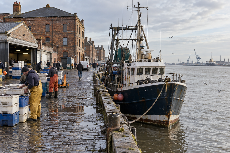Fishermen sorting catch on a wet cobblestone dock beside a moored trawler, with industrial cranes in the distance.