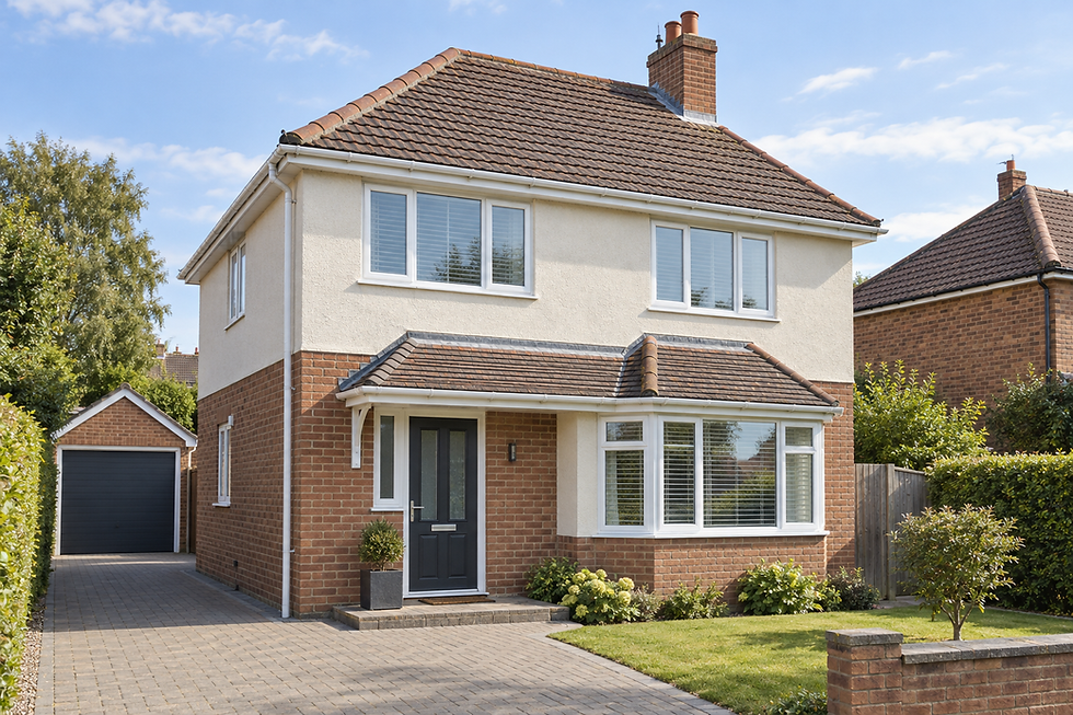 A two-storey brick and render house with a tiled roof, front garden, and adjacent garage in a suburban neighbourhood.