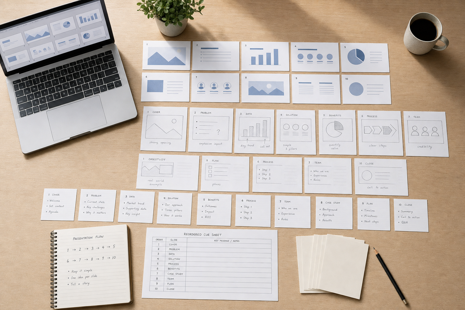 Organised workspace featuring a laptop, presentation cards, and a notebook on a wooden desk, suggesting planning and strategy.