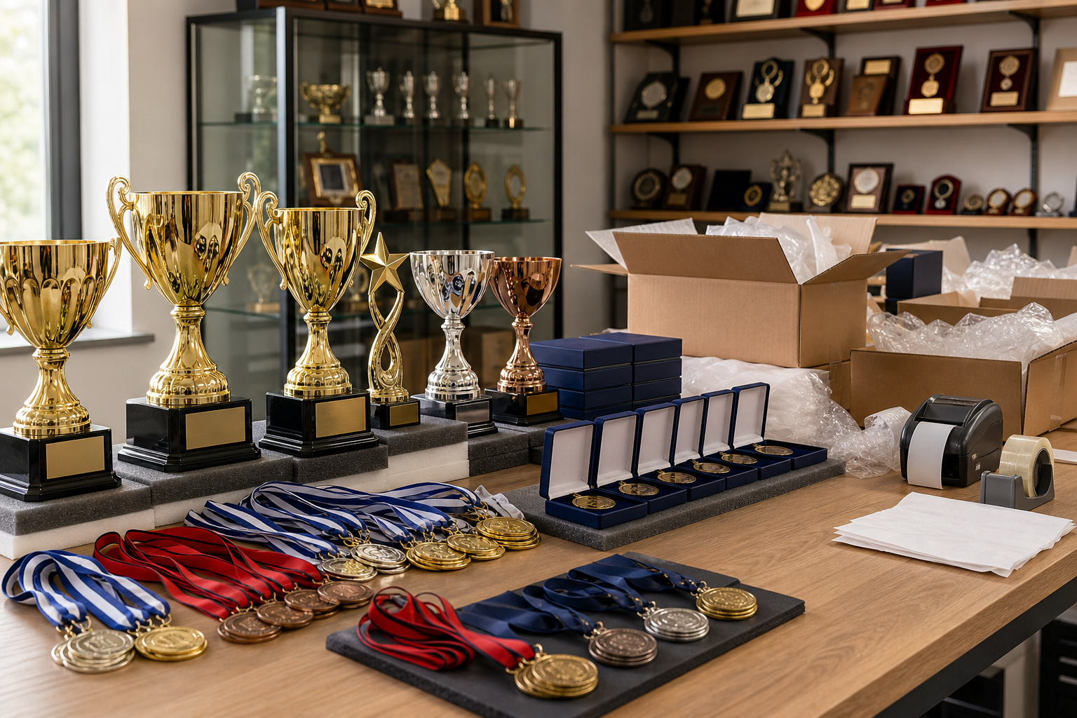 Trophies and medals displayed on a wooden table surrounded by packaging materials and boxes.