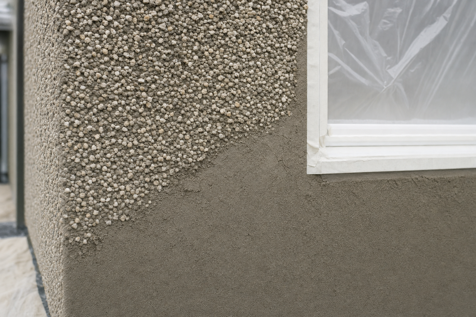 Partially finished pebble dash wall next to a window covered with protective plastic.