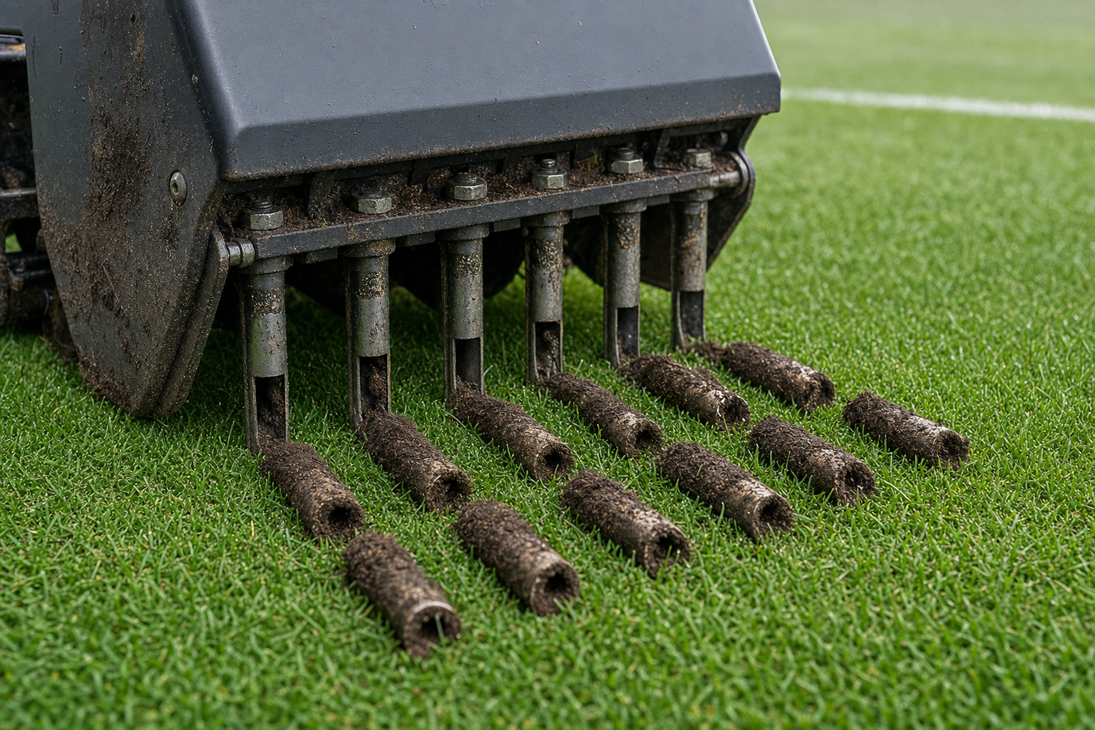 Aeration machine extracting soil plugs from a grass field for lawn maintenance.