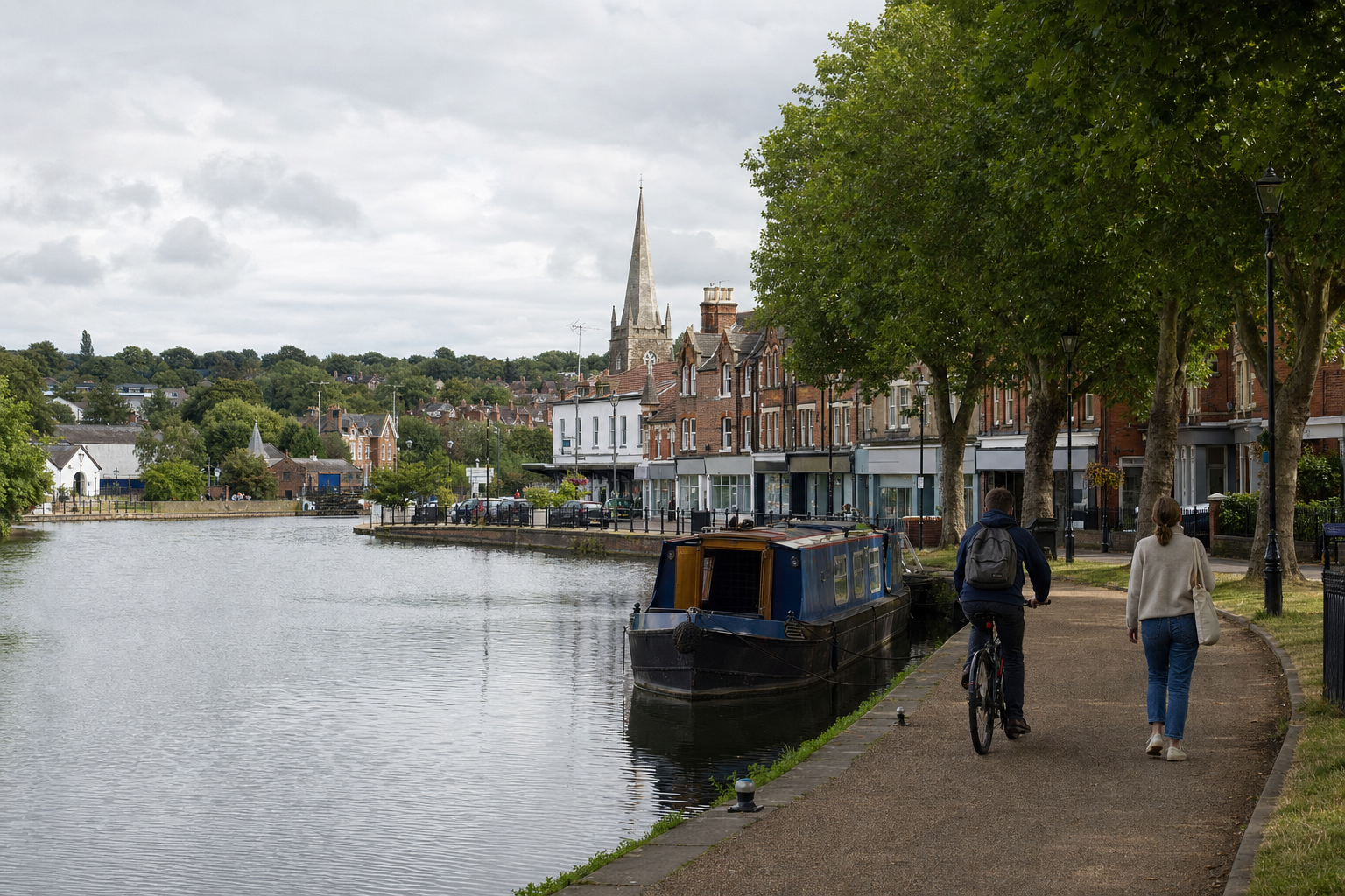A canal boat moored beside a pedestrian and cyclist on a tree-lined path in a quaint village setting.