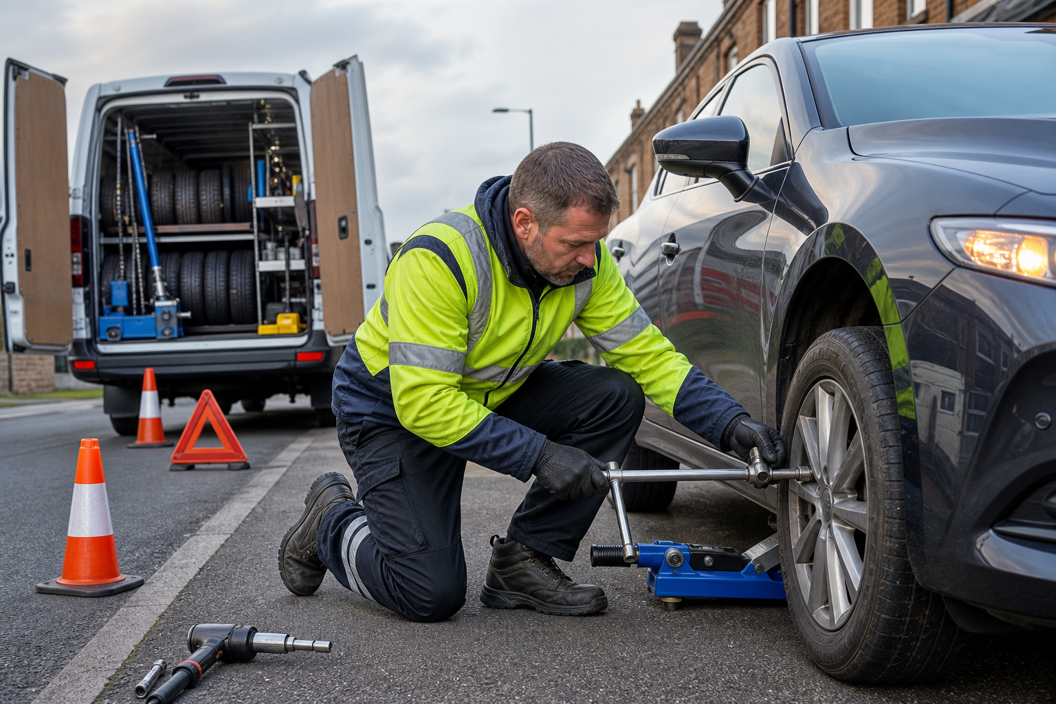 Mechanic changing a car tyre on the roadside with tools and service van nearby.