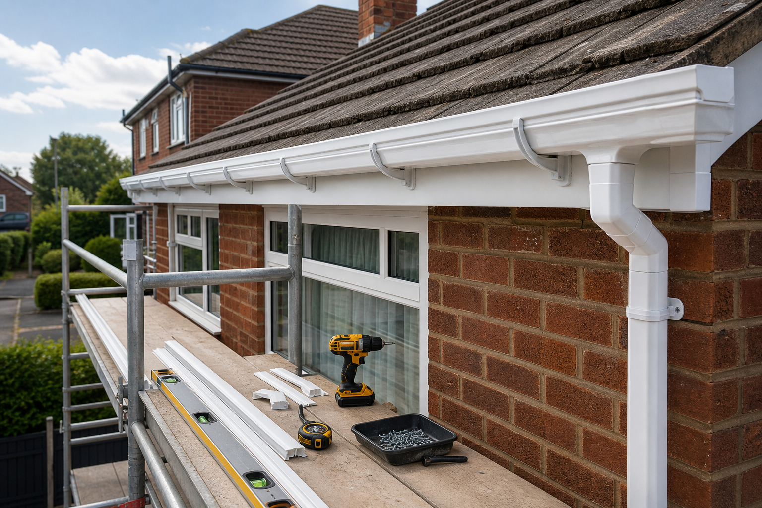Scaffolding and tools set up for gutter installation on a brick house.