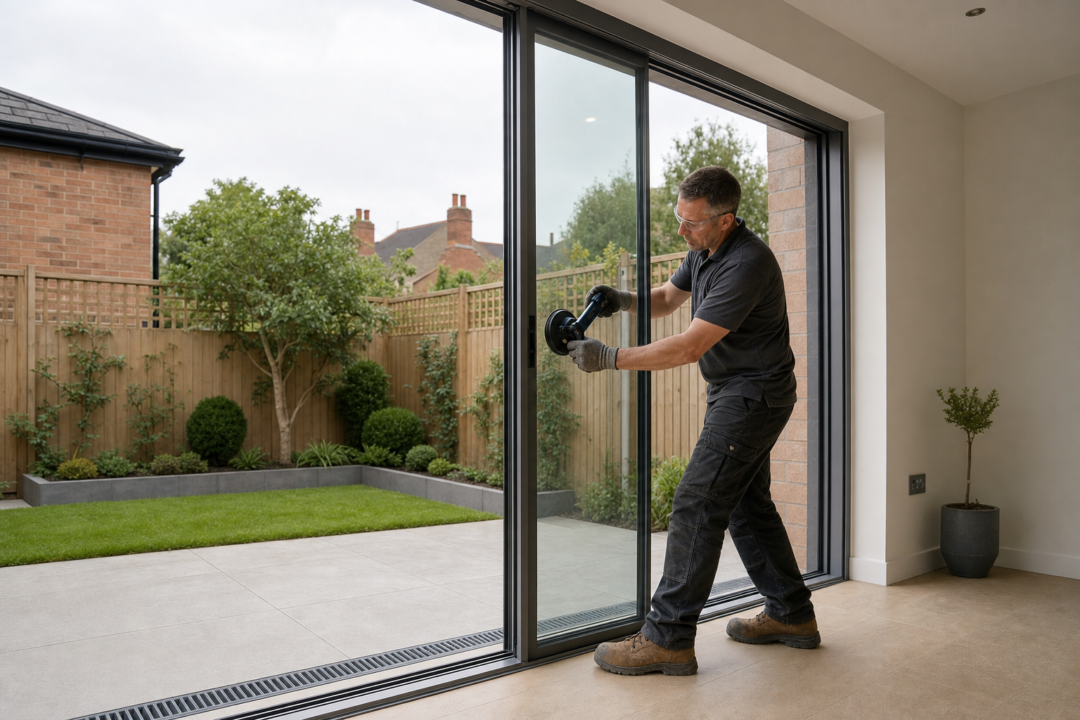 A man installs a large glass sliding door overlooking a tidy garden with a wooden fence.