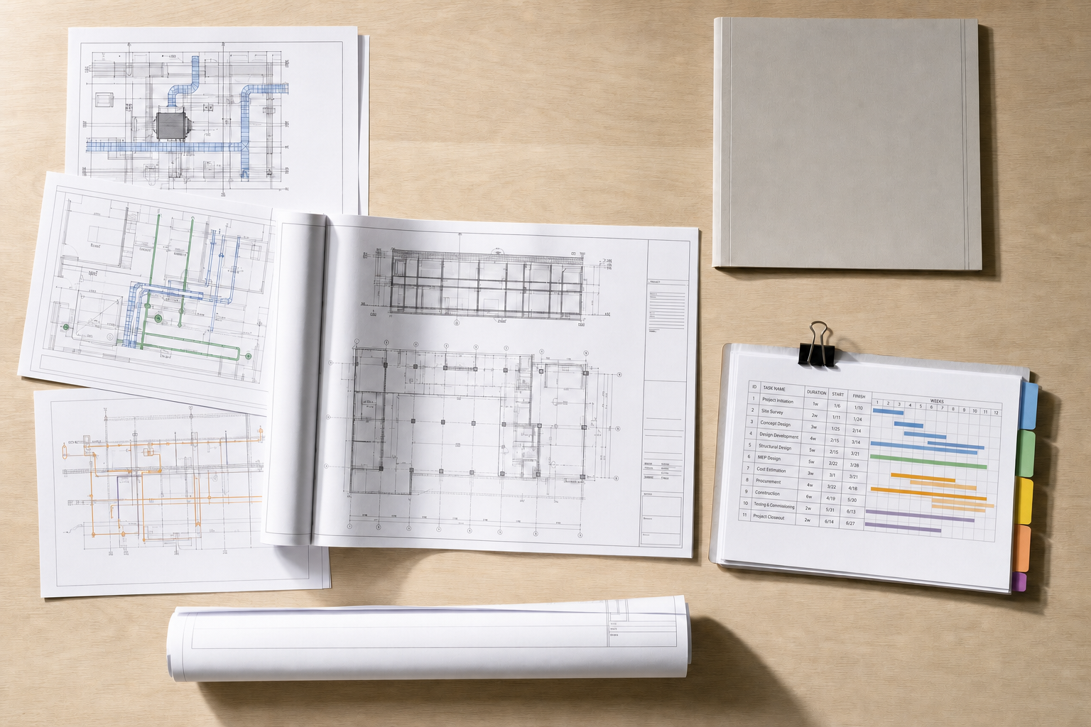 Architectural blueprints and a Gantt chart on a wooden table, with a closed notebook nearby.