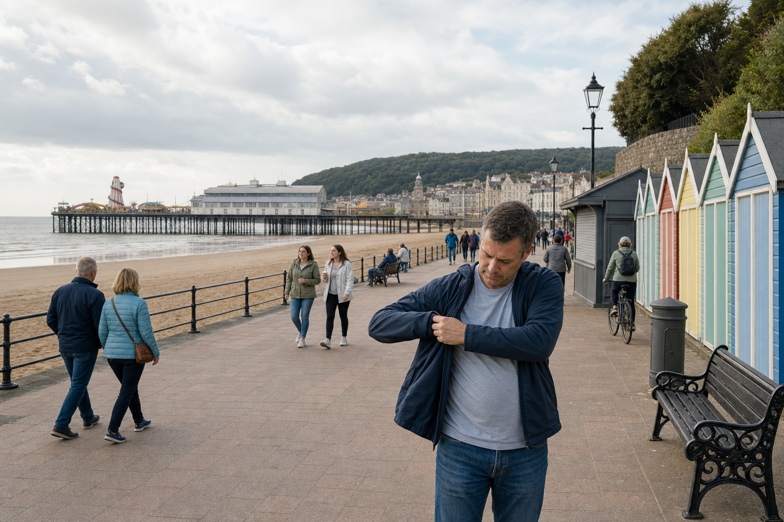 A man adjusts his jacket on a seaside promenade with a pier and colourful beach huts in the background.