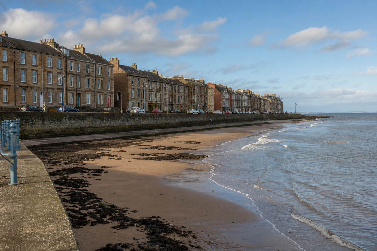 Coastal buildings overlook a sandy beach with gentle waves under a blue sky.