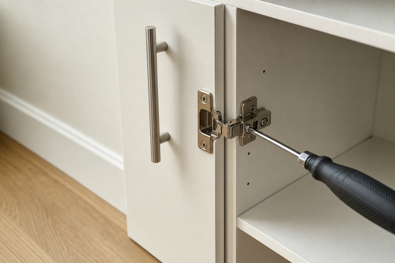 A screwdriver tightens a hinge on a white cabinet door with a metal handle.