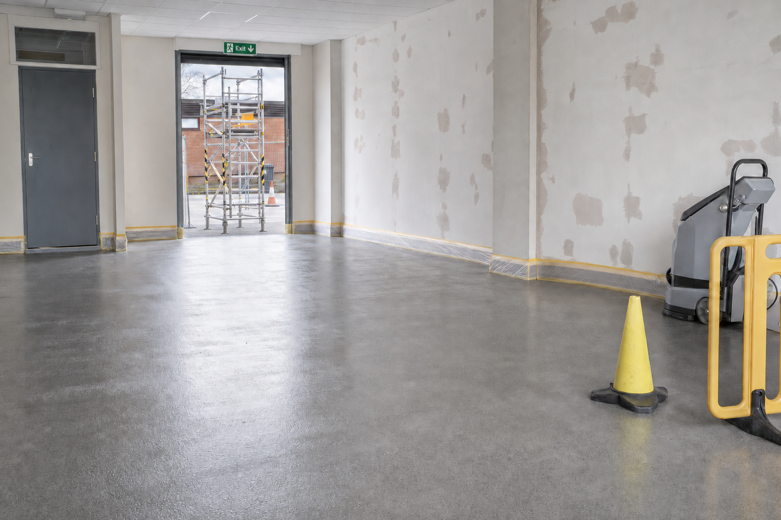 Empty room with grey flooring, a doorway leading outside to scaffolding, and a floor cleaning machine and yellow cone inside.