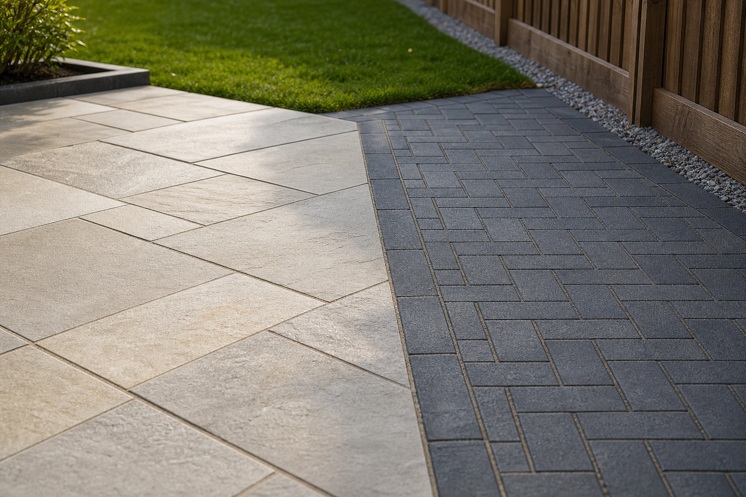 A garden patio features light and dark paving stones next to a well-kept lawn and wooden fence.