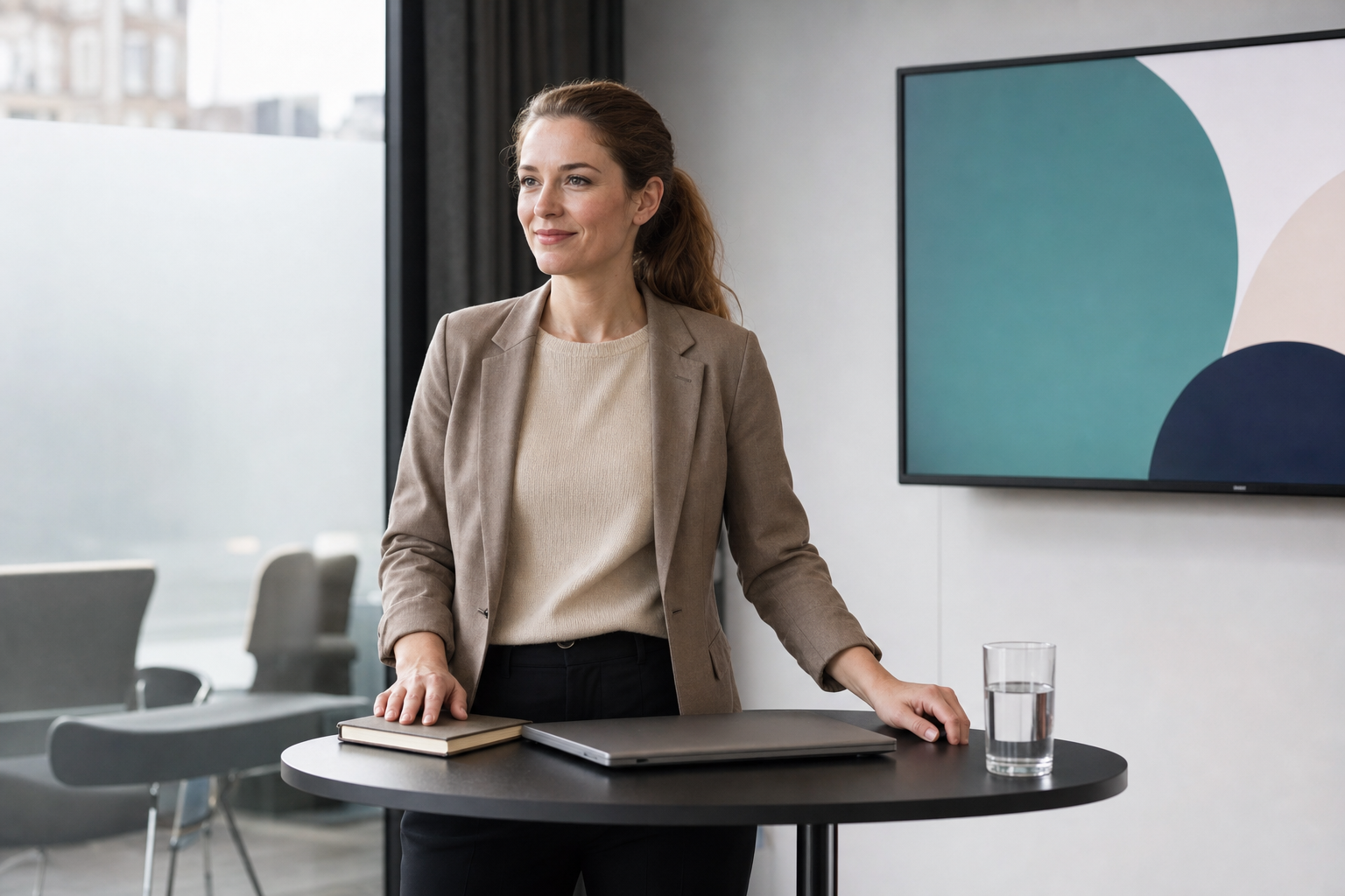 A woman in a blazer stands by a table with a laptop, book, and glass of water, with a modern abstract painting in the background.