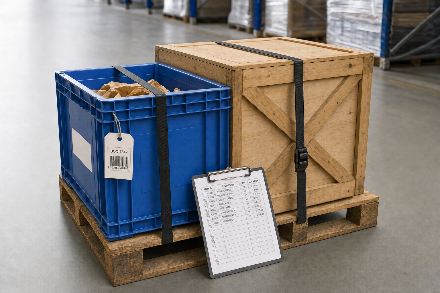 A blue plastic crate and wooden box strapped on a pallet with a clipboard inventory list in a warehouse.